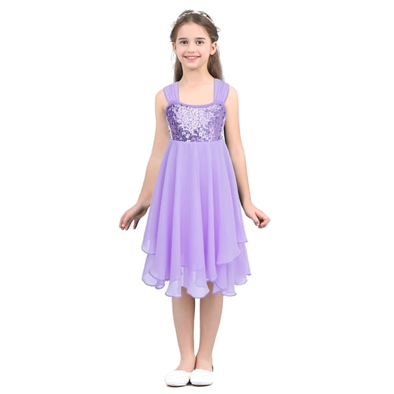 Aislor Girls Chiffon Sequins Ballet Dance Gymnastics Lyrical Dress Irregular Leotard Skirt Lavender 3XL
