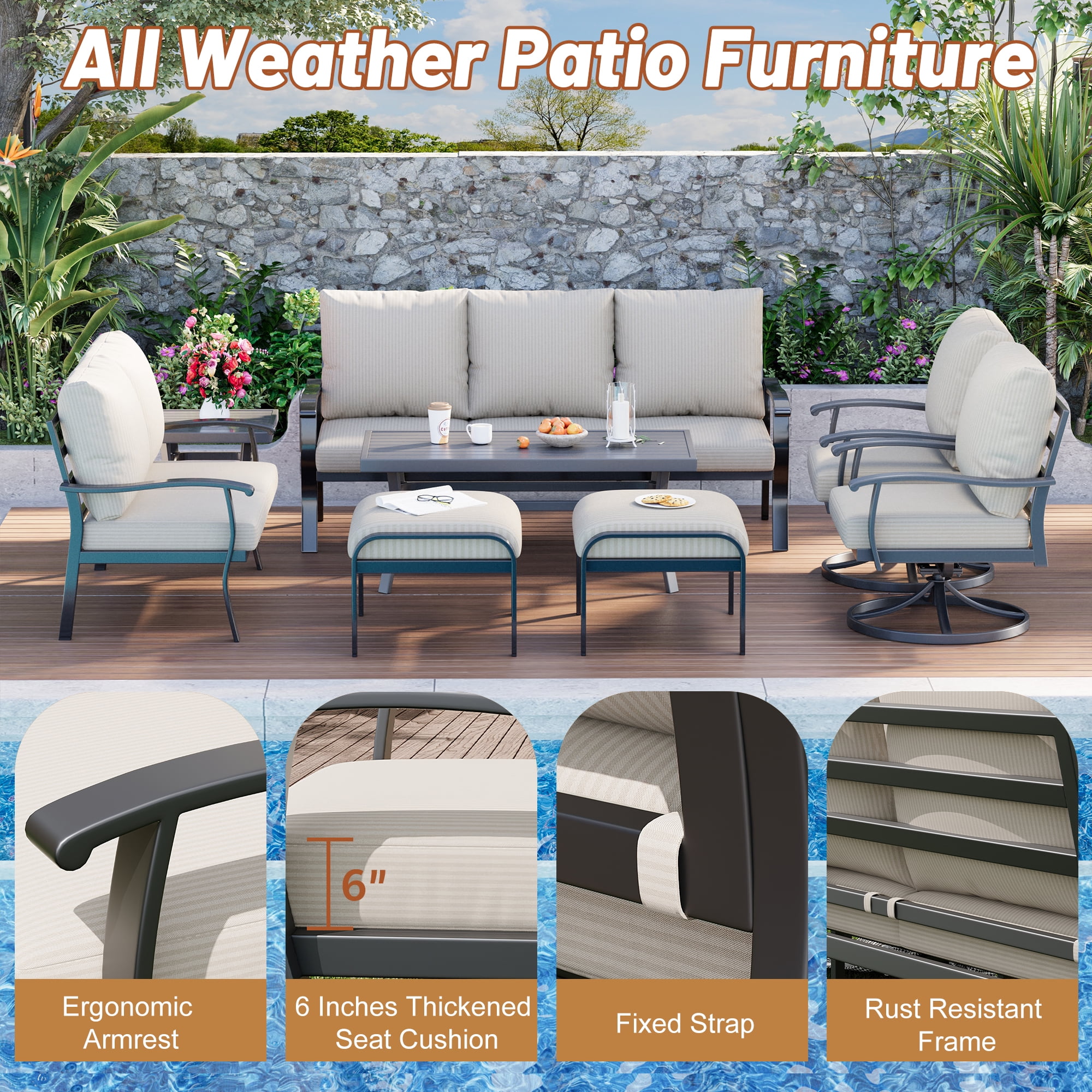 HOMREST Outdoor Furniture Thickened Cushion 360 Degree Swivel Rocking Patio Chairs with Ottomans and 3-Seat Sofa, Loveseat, Coffee Side Table, 8 PCS Metal Conversation Set for Garden, Deck, Poolside