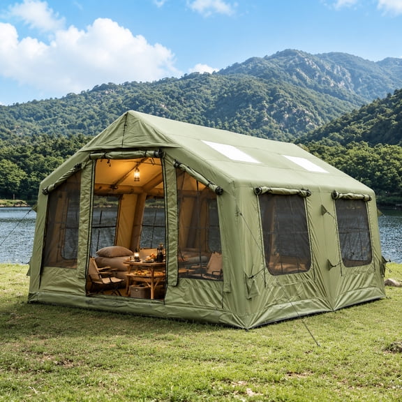 Inflatable Camping Tent, 10-12 Person, 215cm Roof Height, Panoramic PVC Skylight With Removable Privacy Cover, 420D Oxford Waterproof Fabric, Spacious Tent For Family Outdoor Camping