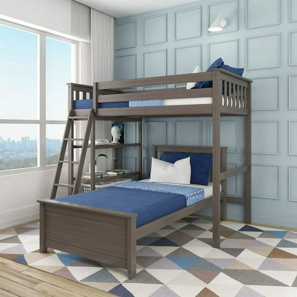 Max & Lily Solid Wood L-Shaped Twin over Twin Bunk Bed with Bookcase for Kids, White