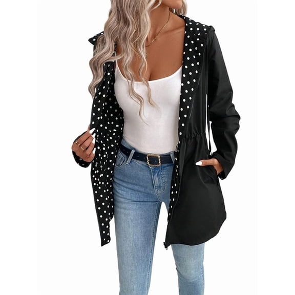 Women'S Reversible Hooded Casual Coat Full Zip Up Windbreaker Two - Sided Jacket Polka Dot S