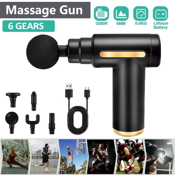 Deep Tissue Massage Gun, Percussion Muscle Massager Type-C Rechargeable for Muscle Relaxation Recovery for Athletes, Office Workers, Fitness Enthusiasts, Handheld Fascia Gun with 6 Speeds & 5 Heads