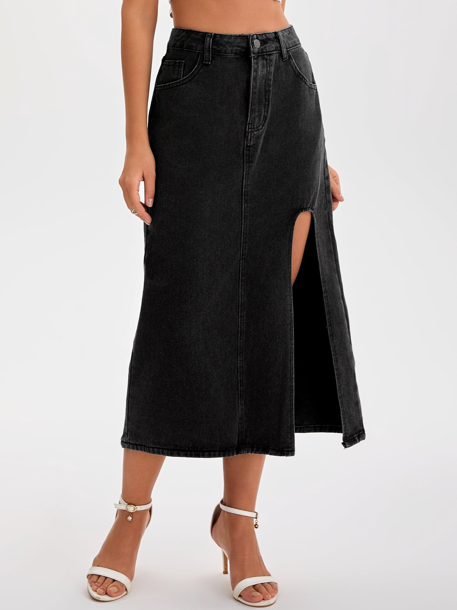 DARING DIVA Women's Long Denim Spring Slit Midi Jean Skirts Small Black