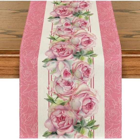 Pink Watercolor Rose Linen Table Runner Seasonal Dresser Scarf Decor Kitchen Dining Table Decor Holiday Wedding Party Home Decor