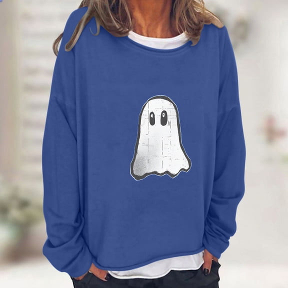 Cowsor Women's Crew Neck Fake Two Piece Sweatshirt Vintage Distressed Cute Ghost Graphic Long Sleeve Loose Casual Pullover Autumn Halloween Basic Layered Tops