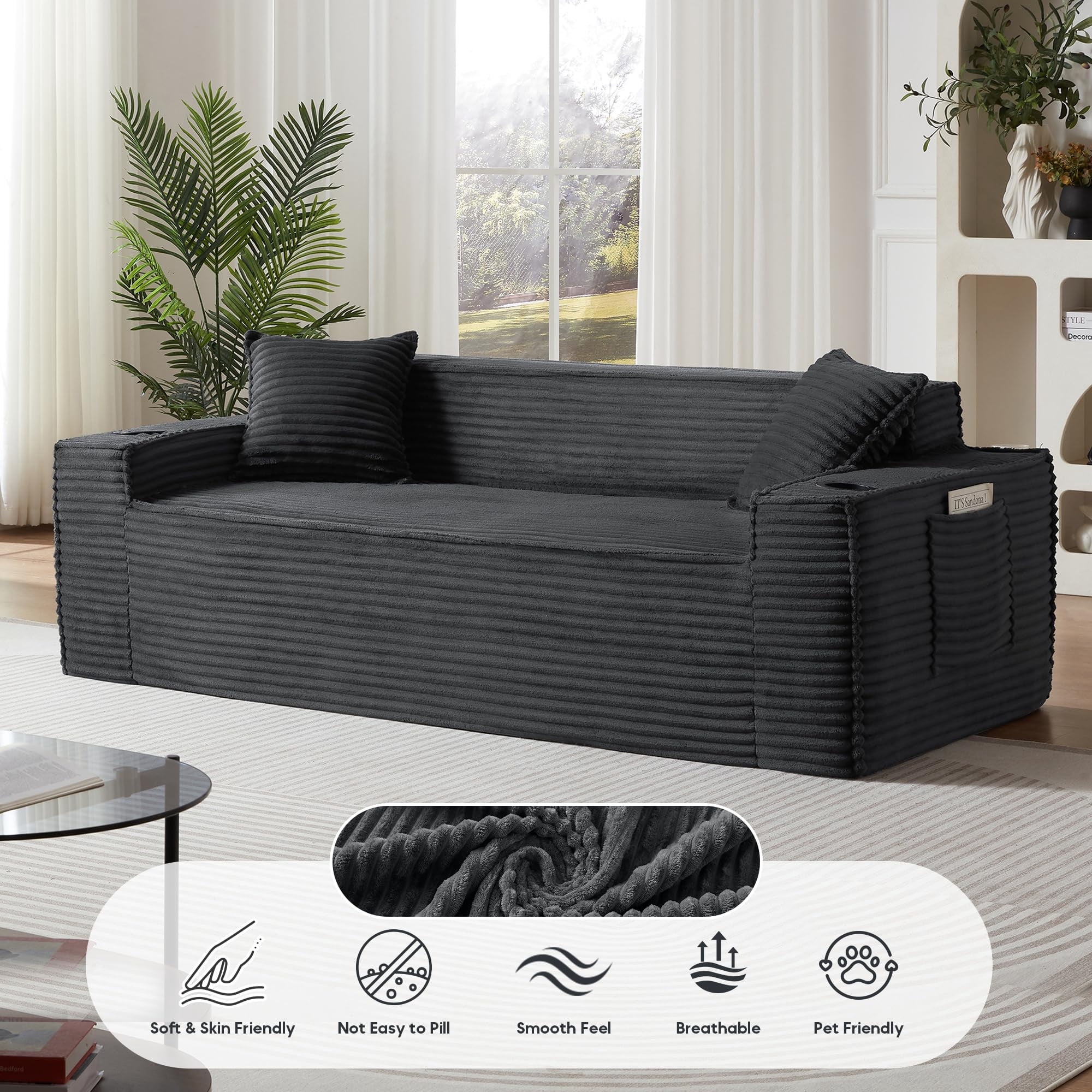 Aukfa 3 Piece Boneless Couch Set, 81" 3 Seat Cloud Sofa for Living Room, 2 Cup Holders&Storage Pocket, Corduroy, Gray