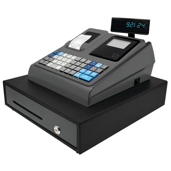 Small Business Cash Register, Quick Load Thermal Printer, 4400 Lookups 45 Dept 45 Clerks, Steel Cash and Coin Drawer, Black