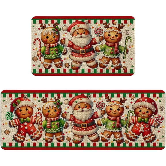 Christmas Gingerbread Kitchen Mat Decor, Ginger Bread Christmas Decorations Gingerbread Kitchen Rugs Sets of 2 Indoor Floor Mat