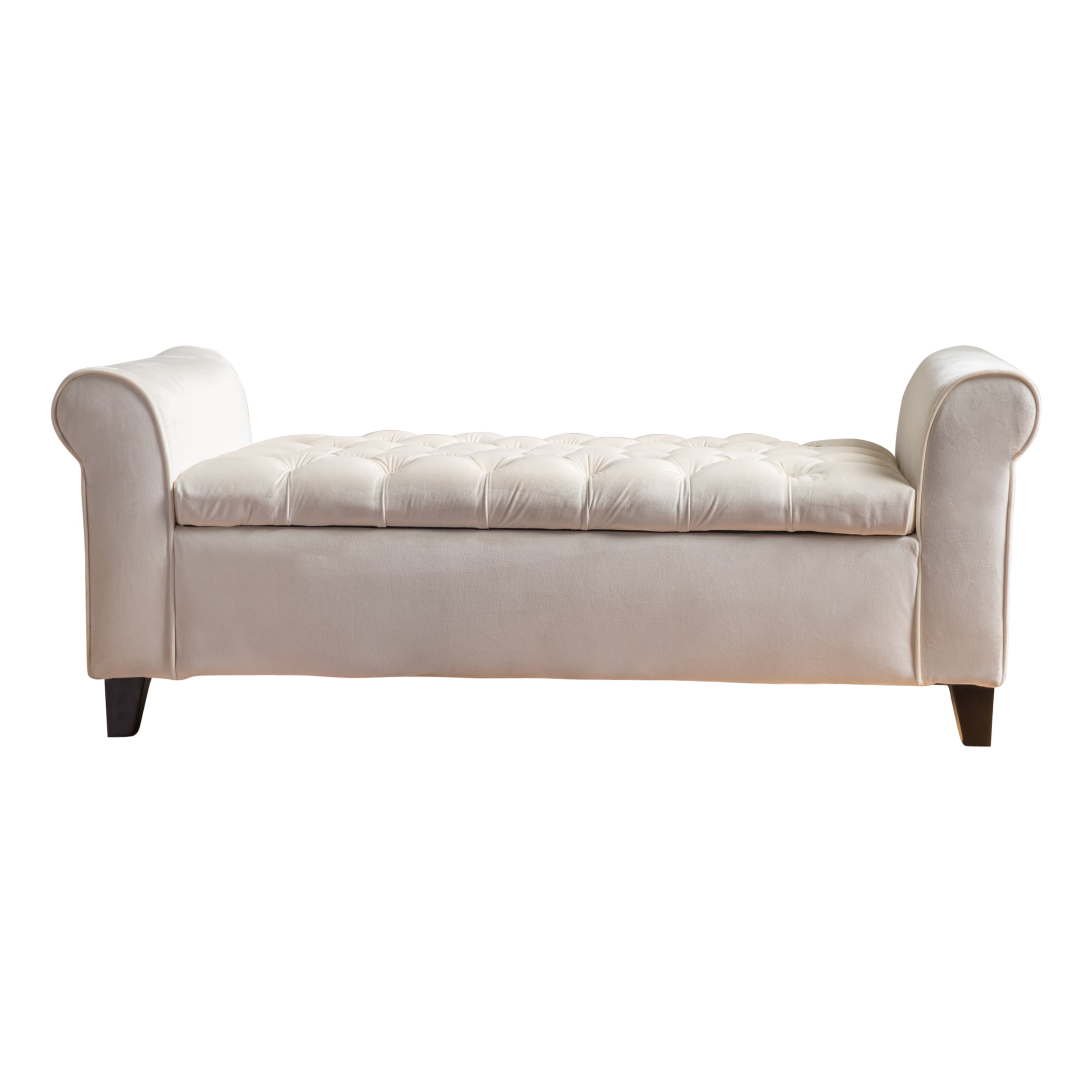 Berggren Contemporary Rolled Arm Velvet Storage Ottoman Bench, Ivory