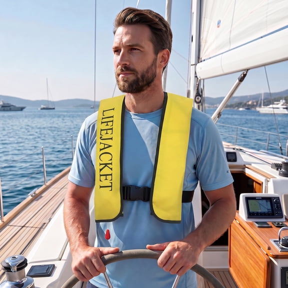Inflatable Life Jacket 150N with Whistle Reflective Tape Manual Inflation for Kayaking Fishing Water Sports (Yellow)