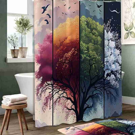 70x70 inch Four Seasons Tree Landscape Shower Curtain, Waterproof Polyester Fabric with Hooks for Bathroom Decor