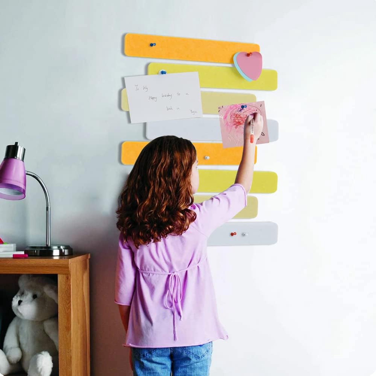 8 pcs Bulletin Board Bar Strips with 50 Pushpins，Self Adhesive Cork Board for Wall，Felt Pin Board for School，Office Decor(Yellow White)