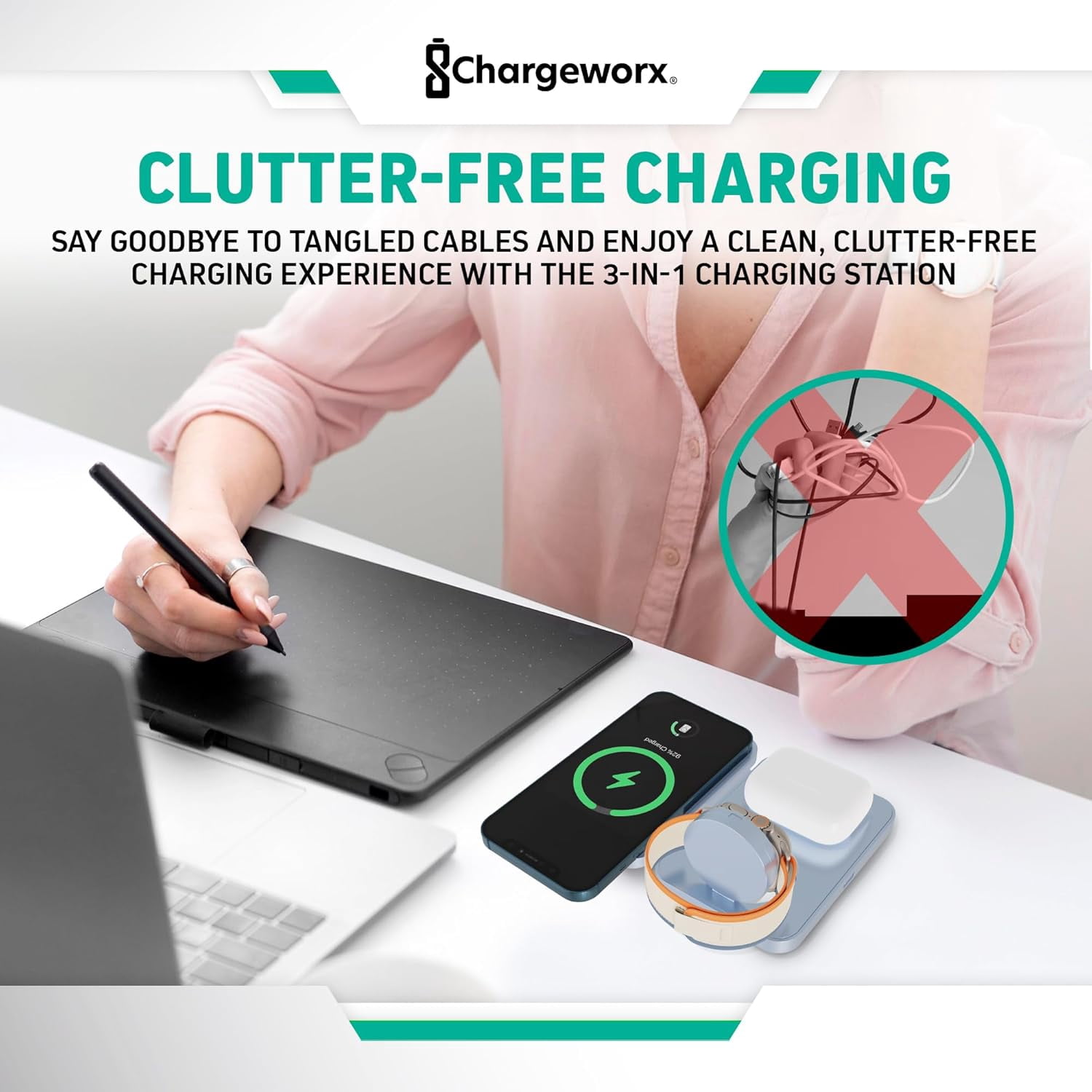 Chargeworx 3-in-1 Wireless Charger, Foldable Magnetic Charging Station, 15W, Blue