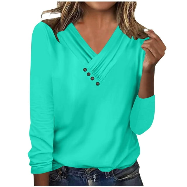 Dagugfen Womens Tops Basic Casual V Neck Long Sleeve Button Regular Blouses Work Travel Tops Size S-XXXL