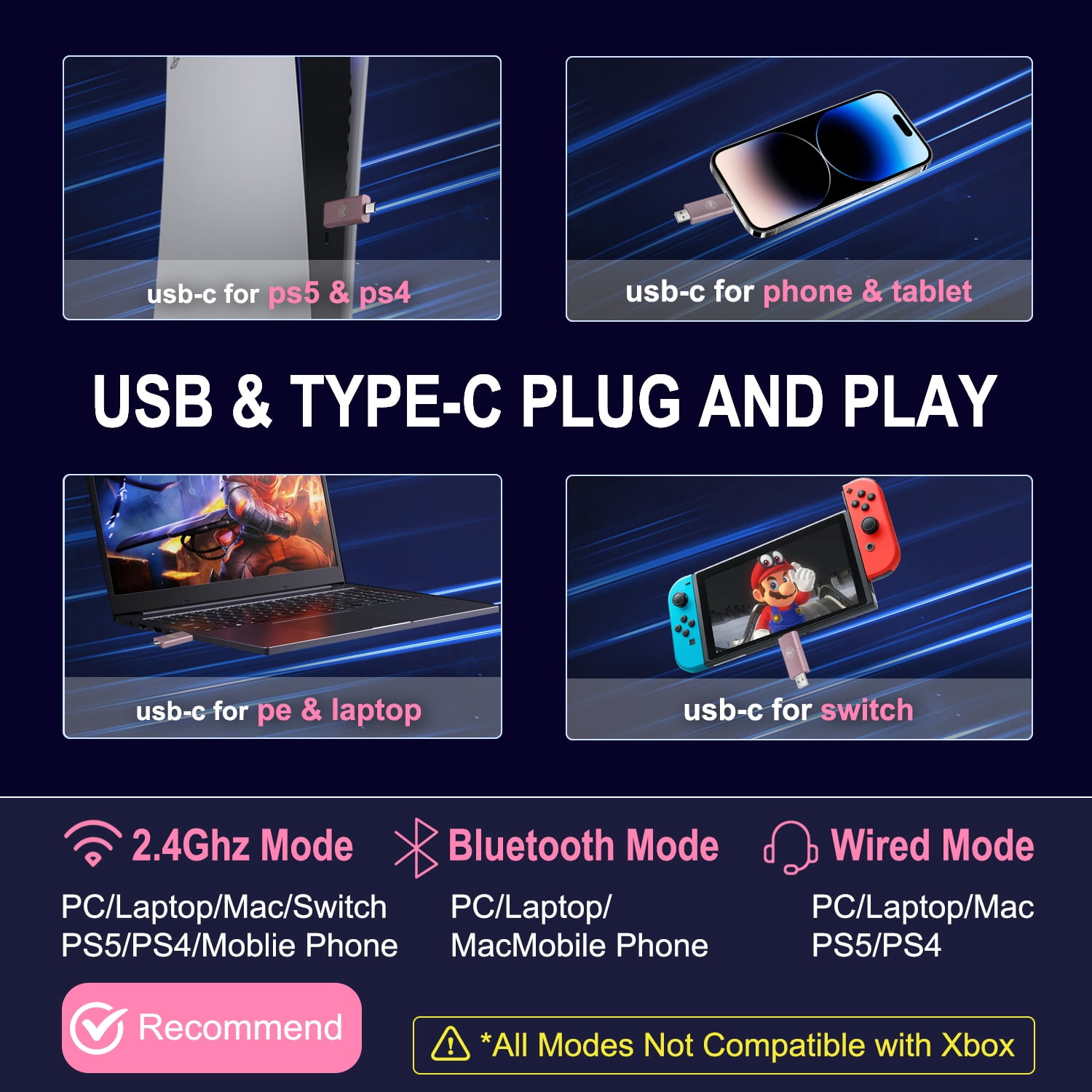 Wireless Gaming Headset,HopePow 1000mAh PC Gaming Headset with Mic for PS5 PS4 Switch with Bluetooth+2.4 GHz+USB Gaming Headphones with Noise Canceling Microphone,3.5mm Wired for Xbox Series