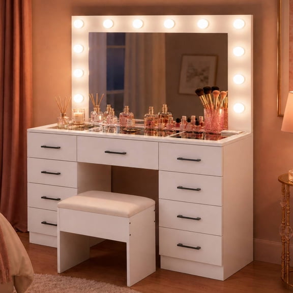 Zimtown Makeup Vanity Desk with Large Mirror & Charging Station, Vanity Table with 9 Drawers & Visible Glass Top, Bedroom Dressing Table, White