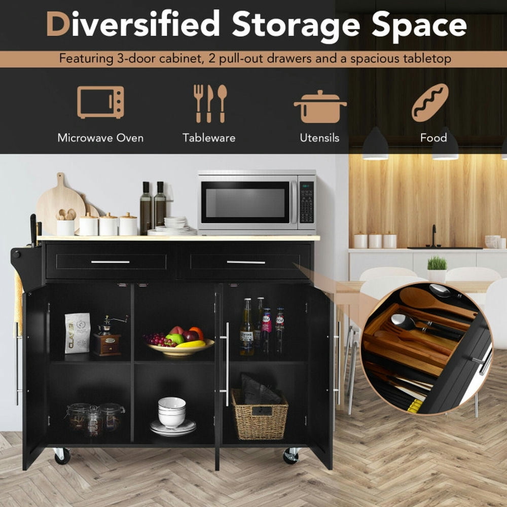 Finihen Rolling Storage Cabinet Cart, Kitchen Island Cart, Kitchen Island Trolley Wood Top Rolling Storage Cabinet Cart with Knife Block, for Kitchen, Dining Room, Black Finihen Rolling Storage Cabinet Cart, Kitchen Island Cart, Kitchen Island Trolley Wood Top Rolling Storage Cabinet Cart with Knife Block, for Kitchen, Dining Room, Black