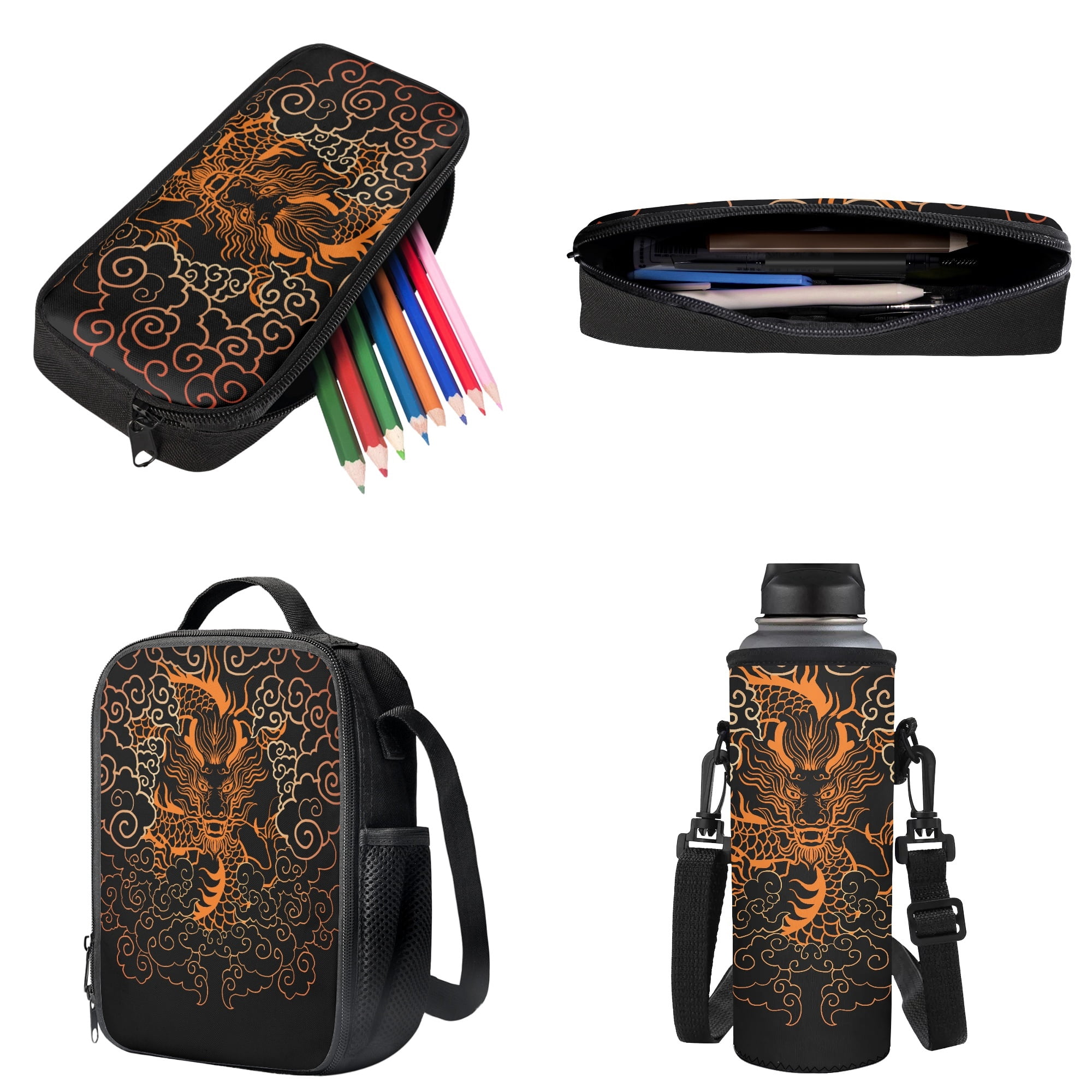 Xixirimido Cool Japanese Dragon Pattern 4Pcs Children Schoolbag Set Large Backpack with Lunch Box Pencil Pouch and Water Bottle Holder for Teens Boys Girls Bookbag Set