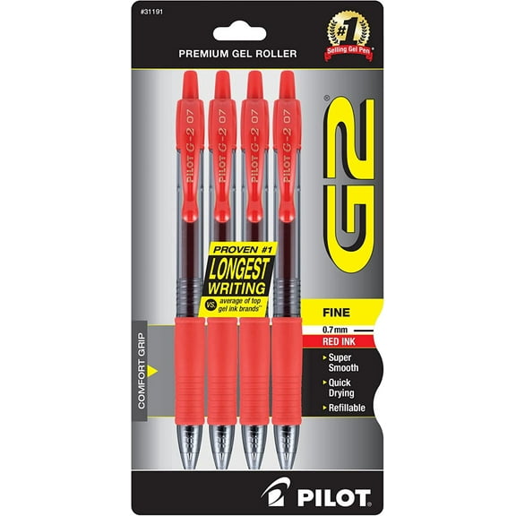 PILOT G2 Premium Refillable, Retractable Rolling Ball Gel Pens 4-Count Fine Point Red Ink