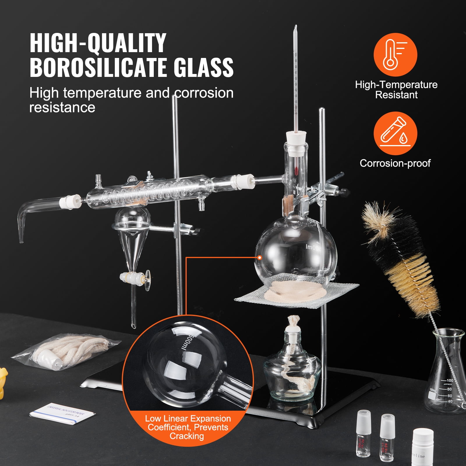 KFFKFF Essential Oil Distillation Equipment, 500ml Glassware Set, Includes 3.3 Boro Laboratory Glass, Alcohol Burner, Ceramic Mesh, 24/40 Joint, 28 Piece Kit