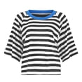 thumbnail image 2 of Prolriy Womens Summer Tops Women's 2025 European and American Summer Short Sleeved Striped T Shirt Short Sleeved Color Matching Design Loose Basic T Shirt Top Summer Shirts for Women Blue S, 2 of 6