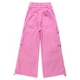 thumbnail image 2 of KIDSCOOL SPACE 6-Pocket Girls Wide-leg Denim Pants, 5-14T Ribbed Waist with D-ring Loops & String Cargo Jeans,Pink,10-11 Years, 2 of 6