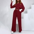 thumbnail image 4 of QUYUON 3 Piece Outfits for Women Fall Long Sleeve Ribbed Knit Cardigan Crop Jackets Solid Color V-Neck Sleeveless Tank Tops Pants Sets Drawstring Elastic High Waist Track Suits Matching Sets Wine M, 4 of 9
