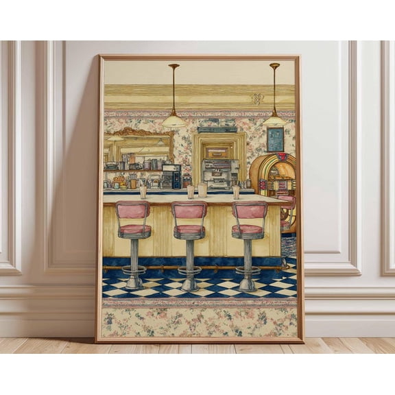 Retro Diner Vintage American Cafe 1950s Soda Fountain Jukebox Nostalgic Wall Art Print, Unframed Paper Poster 8x10in