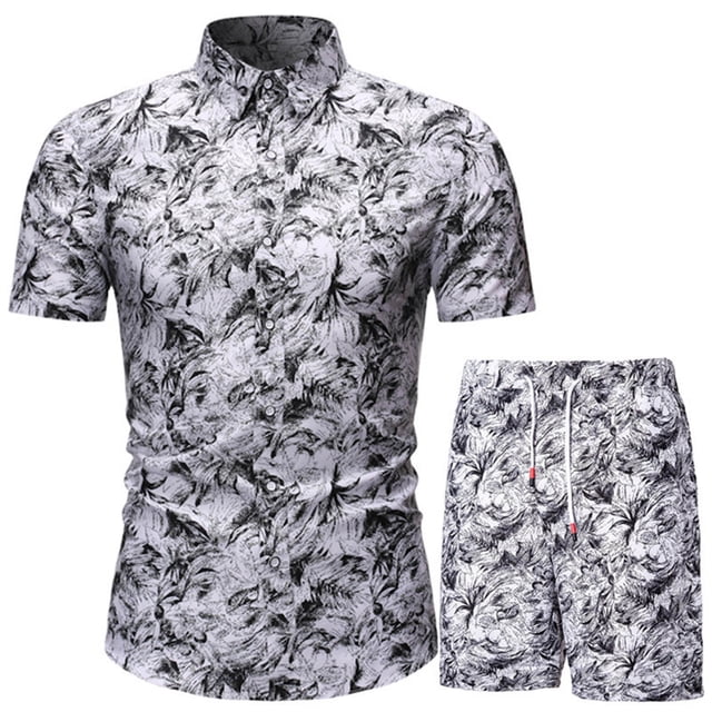 Birdeem Men Print Buttons Short Sleeves Casual Beach T-Shirt Tops Lacing Shorts Set