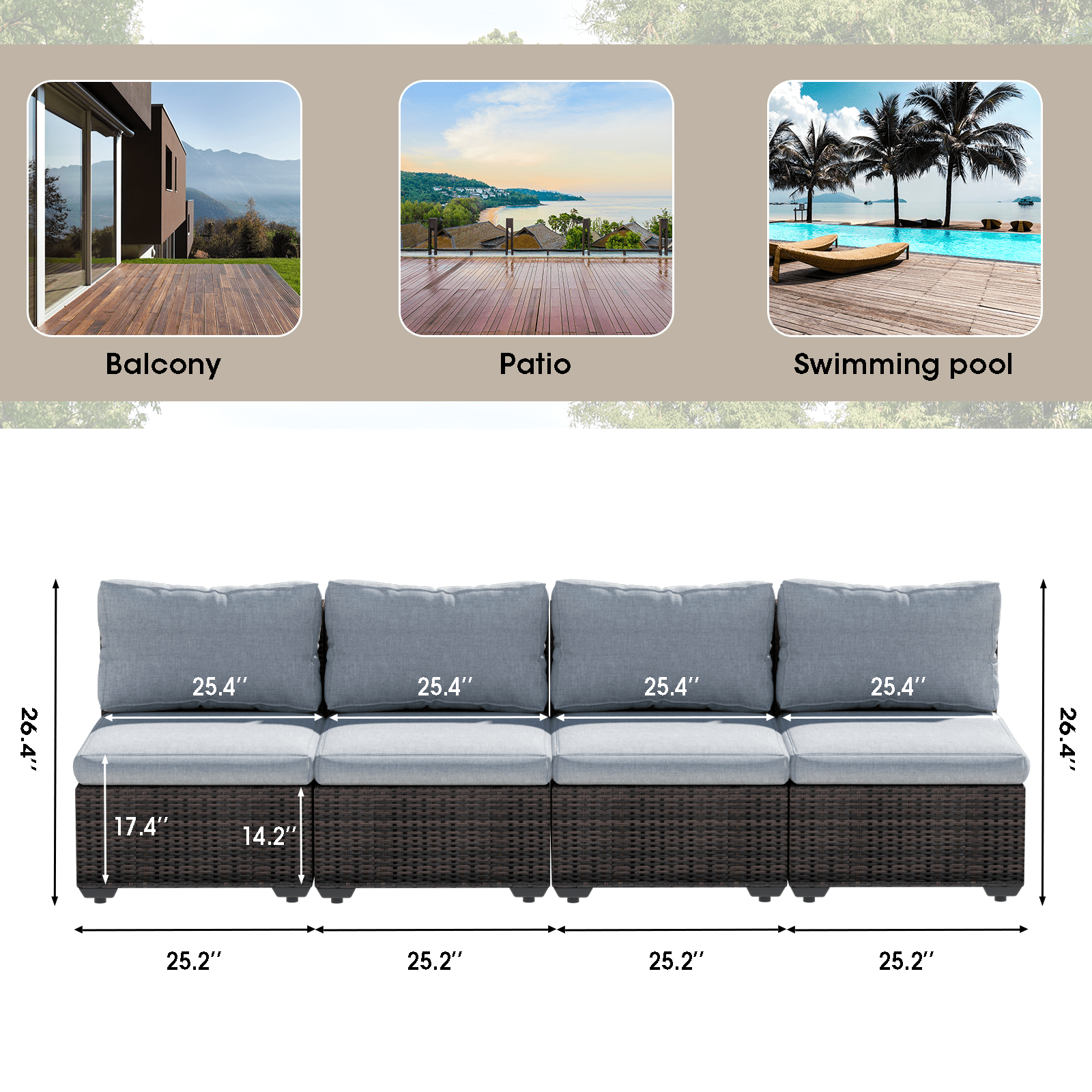 Grezone 4 Pieces Patio Furniture Set, All Weather Outdoor Sectional PE Rattan, Patio Conversation Sets with Cushions and Glass Coffee Table for Garden Lawn Balcony Porch Deck, Gray