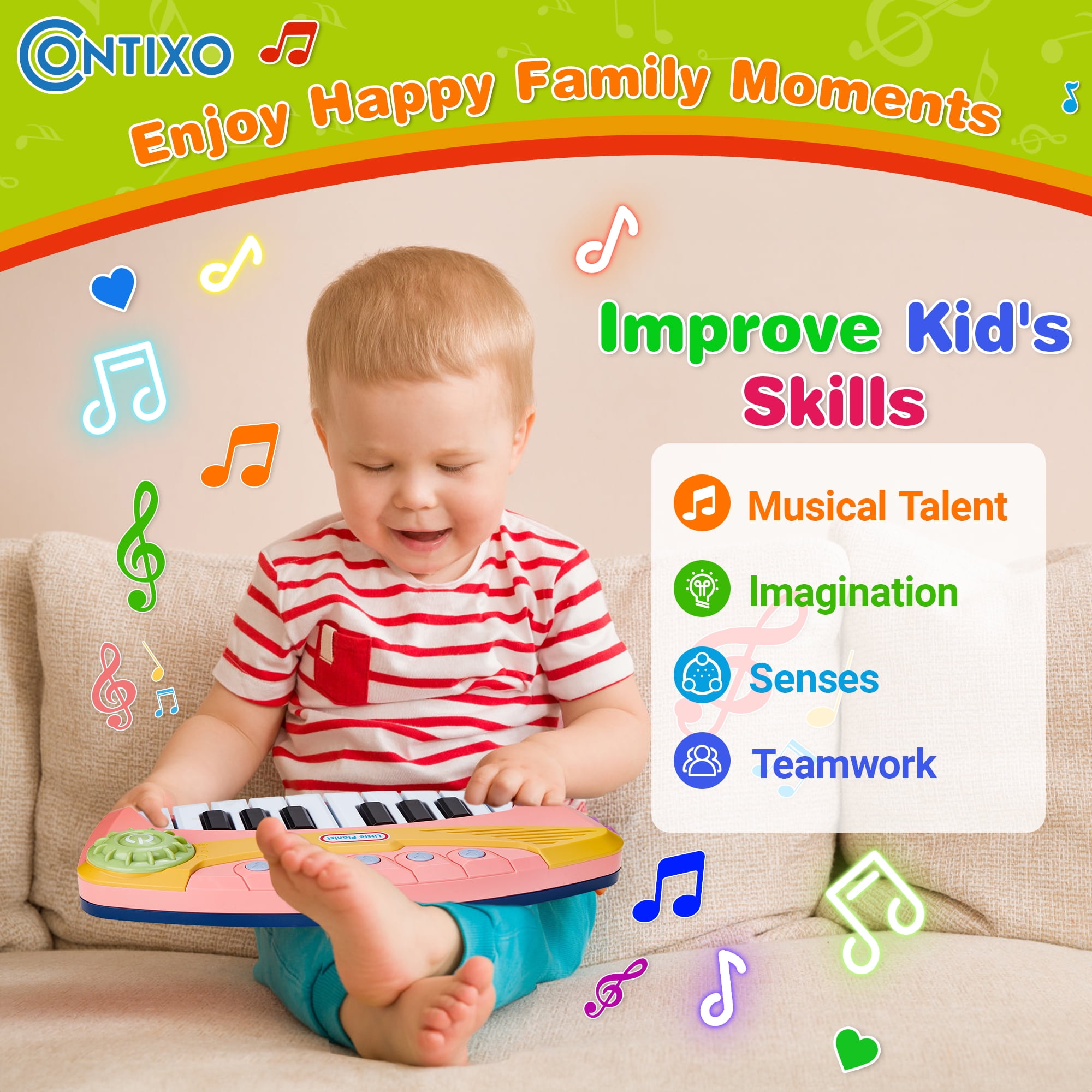Contixo Keyboard Piano for Kids, Interactive Piano Toy with Light-Up Keys and 5 Built-In Melodies, Pink