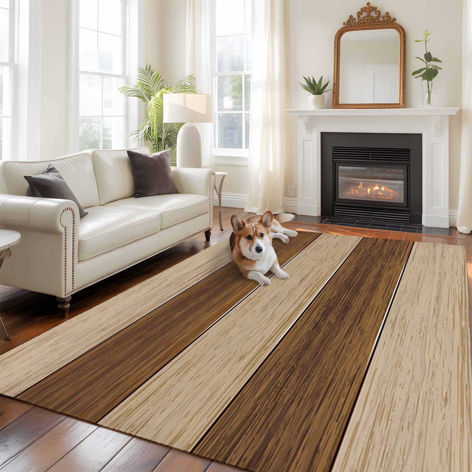 Area Rug for Living Room, Brown Wood Grain Non-Slip Indoor Large Carpet for Bedroom/Dining Room, Ombre Rustic Retro Wooden Plank Washable Low-Profile Rectangle Floor Runner Rugs - 5 x 8 Ft