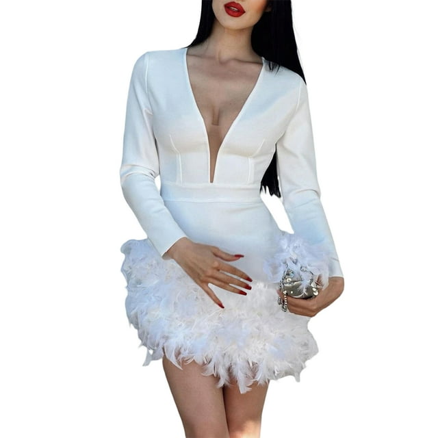 xiaxaixu Robe Moulante Mini pour Femme en Maille Patchwork avec Garniture en Plumes Robe à Manches Longues Robe de Soirée de Printemps Automne