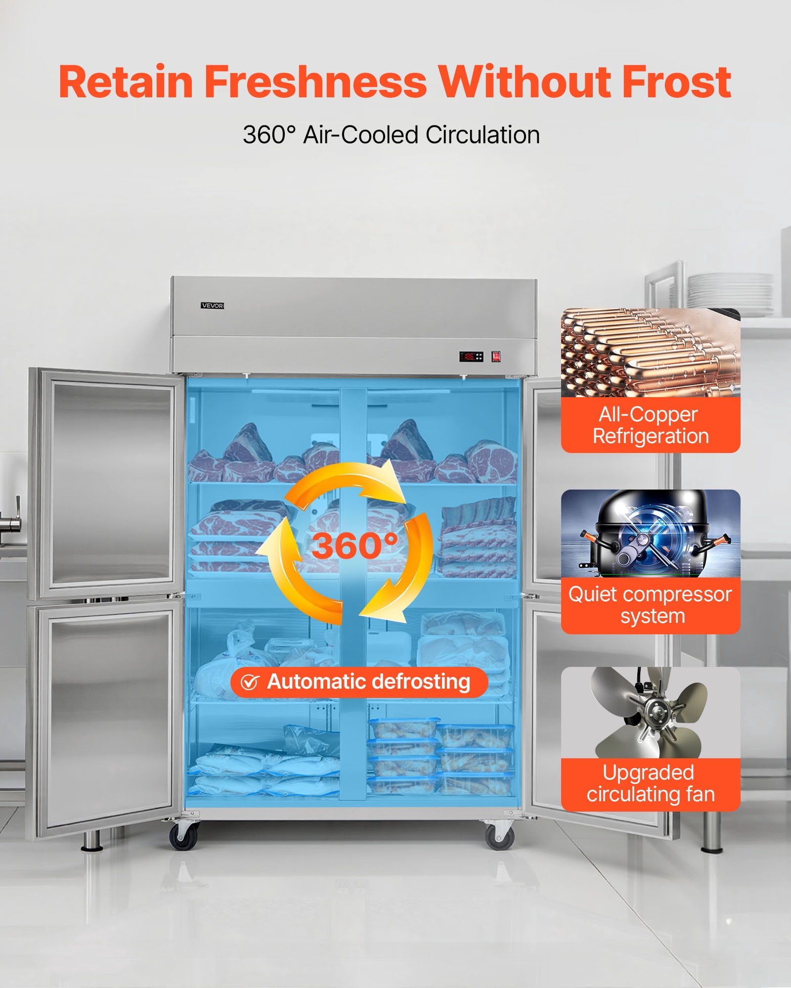VEVOR Commercial Reach-In Freezer, 48" W, 33 Cu.Ft Stainless Steel Upright Freezer, with 4 Doors, Auto-Defrost, 6 Adjustable Shelves, -11 to 14℉ Temp Control, UL Certified