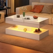 ChVans 39.37 White LED Coffee Table with 2 Storage Drawers, Modern High Gloss Coffee Table with 20 Colors LED Lights & APP Control, 2 Tiers Rectangle Coffee Table Large Living Room Furniture