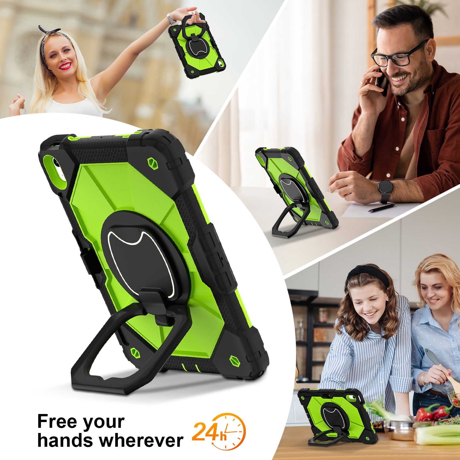 ELEHOLD Heavy Duty Case for  Apple iPad 11th(A16) 2025, 3-Layer Rugged 360 Rotating Kickstand Handle Grip Detachable Shoulder Strap Kids Friendly Shockproof Case for Apple iPad 11th, Black+Green