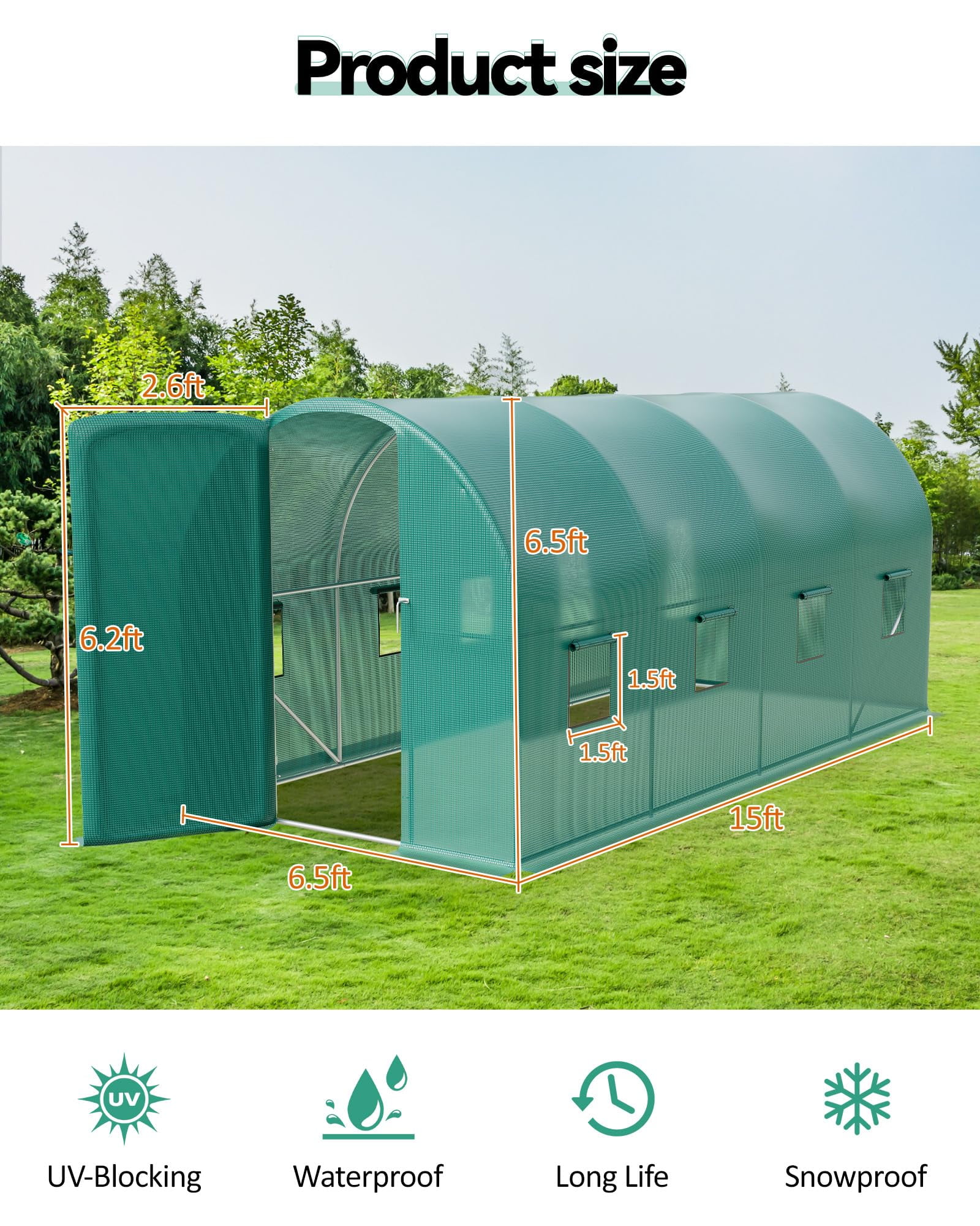 Towallmark Walk-in Greenhouse Tunnel 15x6.5x6.5ft,Galvanized Steel Tunnel Greenhouse with Zippered Doors and Window,Garden Hot House for Home Gardening Seed Germination