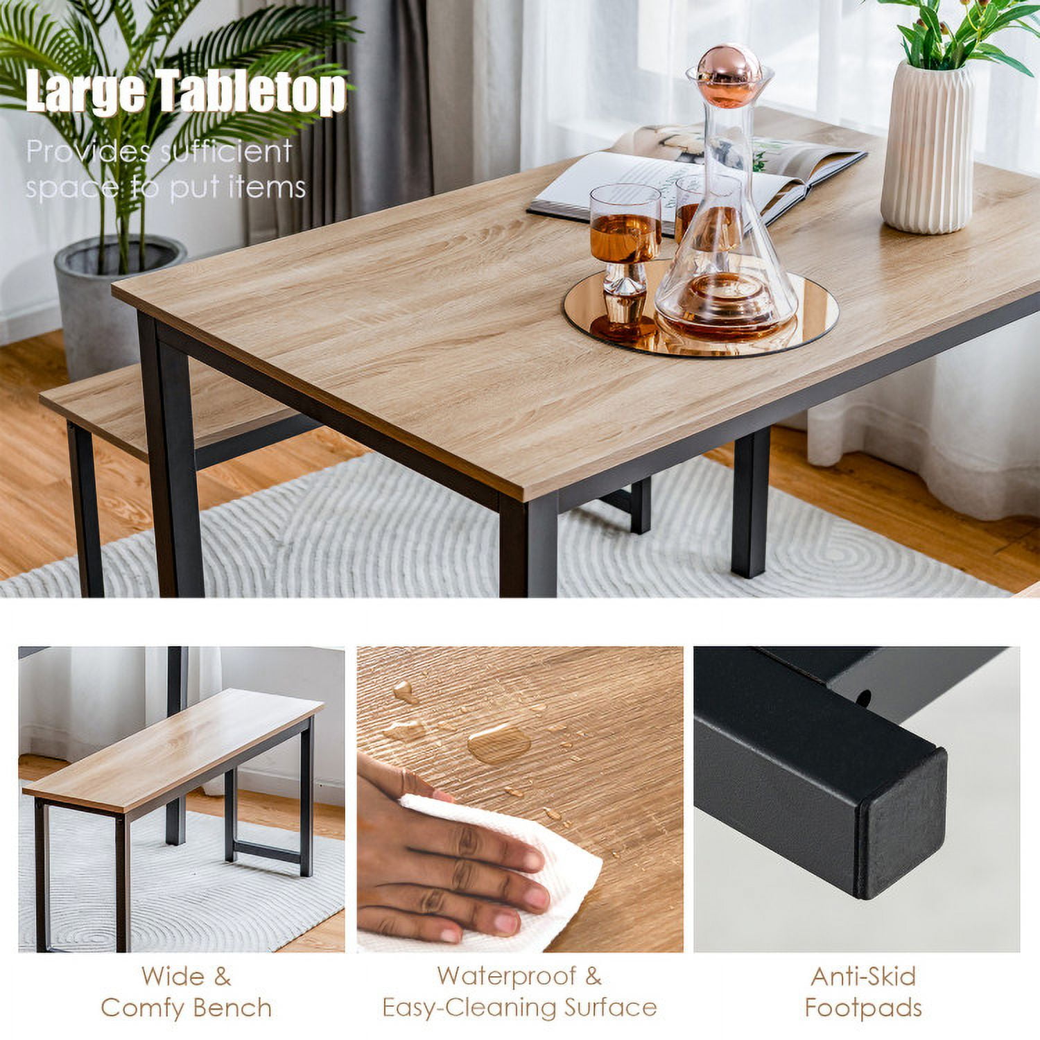 Finihen Dining Set, Dining Table Set, 3 Pieces Dining Table Set with 2 Benches for Dining Room Kitchen Bar, Natural Finihen Dining Set, Dining Table Set, 3 Pieces Dining Table Set with 2 Benches for Dining Room Kitchen Bar, Natural