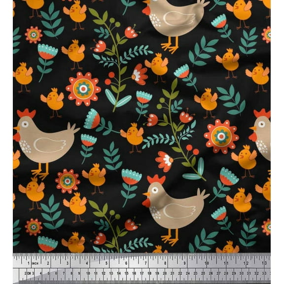 Soimoi Crepe Silk Fabric Leaves,Cock & Chick Cartoon Decor Fabric Printed Yard 42 Inch Wide
