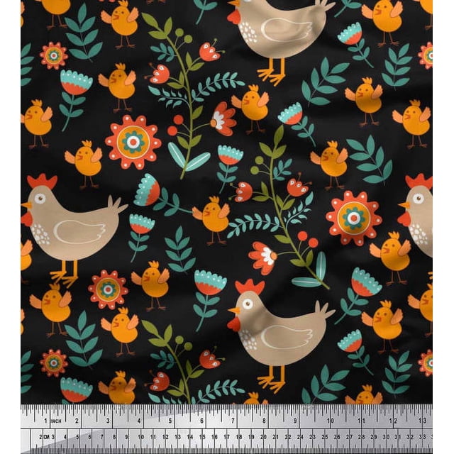 Soimoi Poly Georgette Fabric Leaves,Cock & Chick Cartoon Print Sewing Fabric Yard 52 Inch Wide