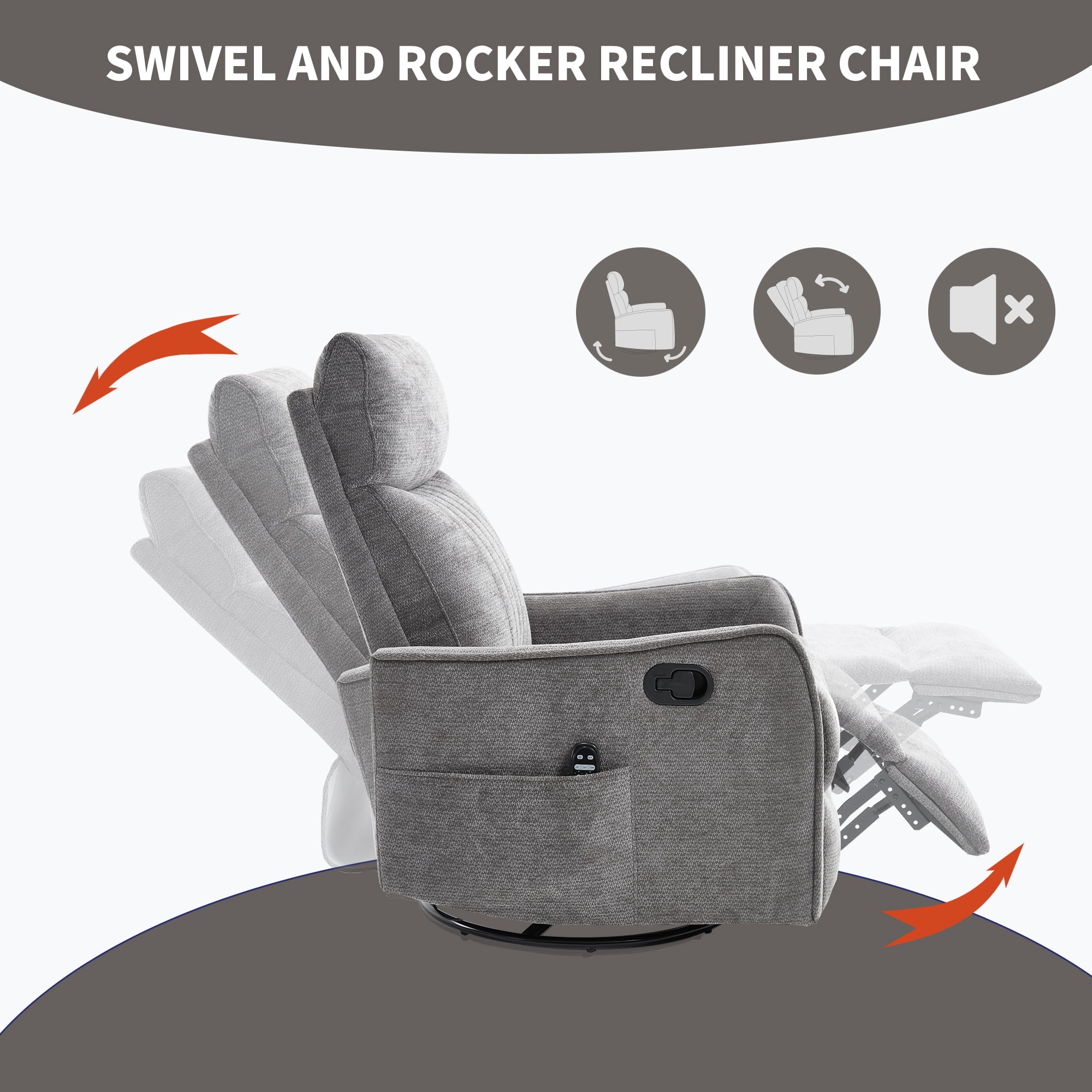 Gewnee 360° Swivel Rocking Recliner with Massage & Heat, Adjustable Reclining Angle, for Living Room & Office，Dark Gray