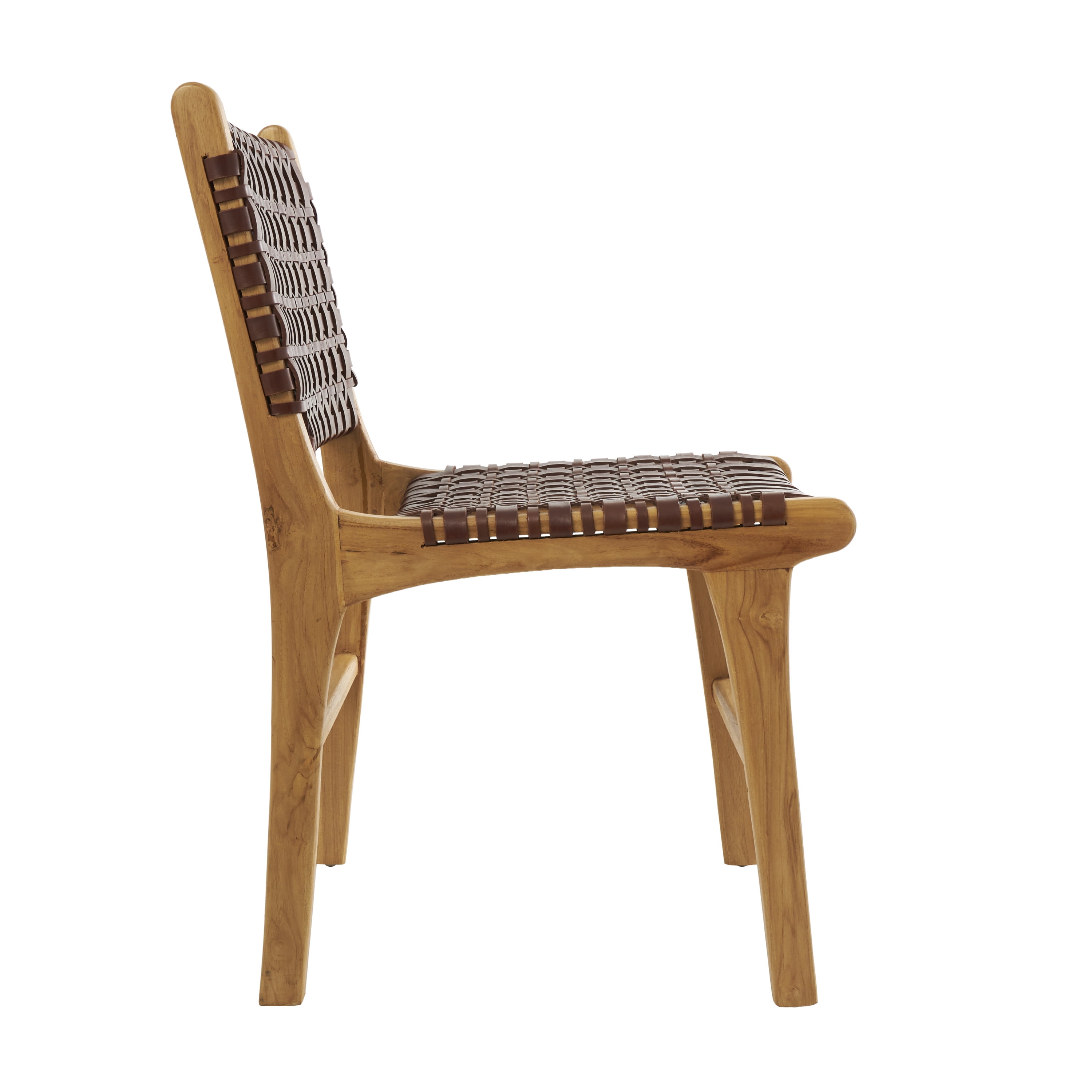 DecMode Leather Handmade Woven Lounge Chair with Teak Wood Frame, Dark Brown, Set of 2
