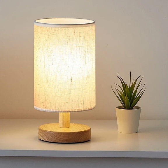 Wooden Base Table Lamp, 3 Levels Dimmable Bedside Lamp with Linen Fabric Shade, USB Powered Small Desk Lamp, Eye-Caring Reading Night Light for Bedroom, Living Room, Kids Room