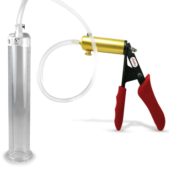 LeLuv Ultima Penis Pump, Brass w/ Red Handle, Silicone Grip, Clear Hose | 9" x 1.50" Cylinder