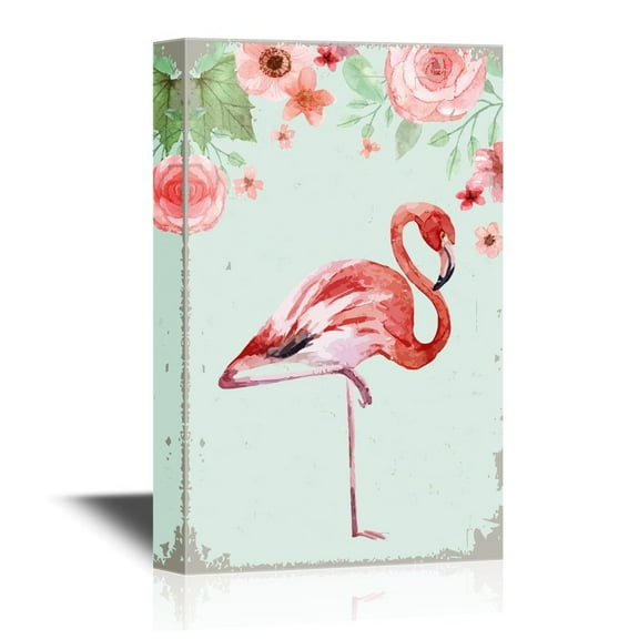 wall26 - Canvas Wall Art - Watercolor Flamingo Standing on One Leg with Flowers - Gallery Wrap Modern Home Art | Ready to Hang - 12x18 inches