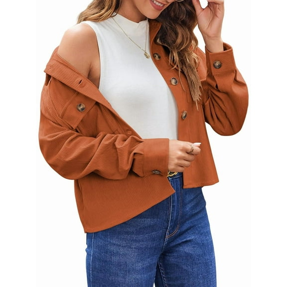 Womens Fashion Cropped Shackets Corduroy Button Down Crop Jackets Tops Long Sleeve Shirts Trendy 2025 Orange Red M