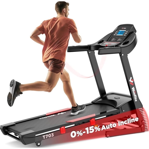 Winfita Treadmill with 15% Auto Incline, 300lbs Capacity, 4.0HP Foldable Treadmill for Home with Bluetooth, 10MPH Speed, APP, 64 Preset Programs & 3 Modes, Portable Self-Standing Electric Treadmill