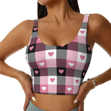 Jgfou Heart Plaid Print Womens Sports Bra - Padded Workout Sports Bras Crop Tank Top
