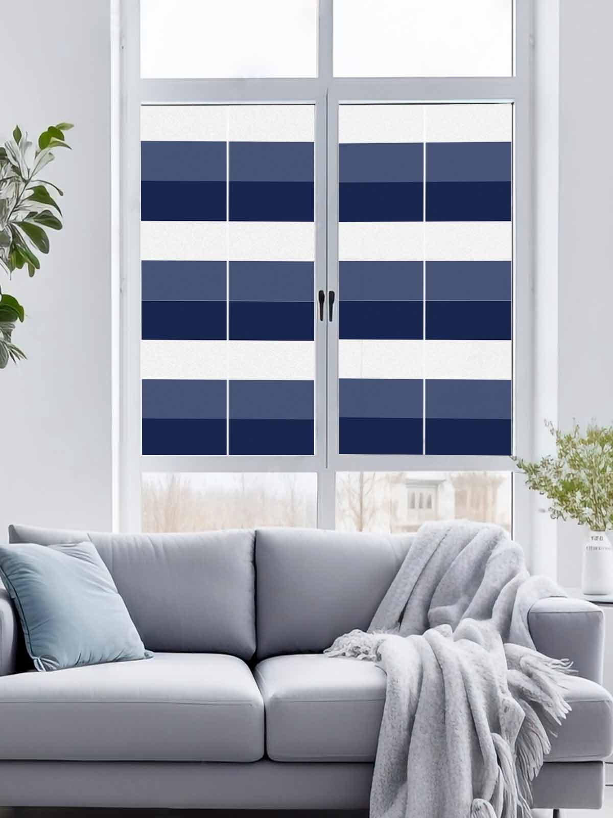 Sun Blocking Glass Window Film, Navy Blue Ombre Stripe Window Privacy Film Frosted, Abstract Art Modern Blue Striped Reusable Windows Privacy Sticker for Home Decor, Nursery, 23.6 x 78.7 Inches