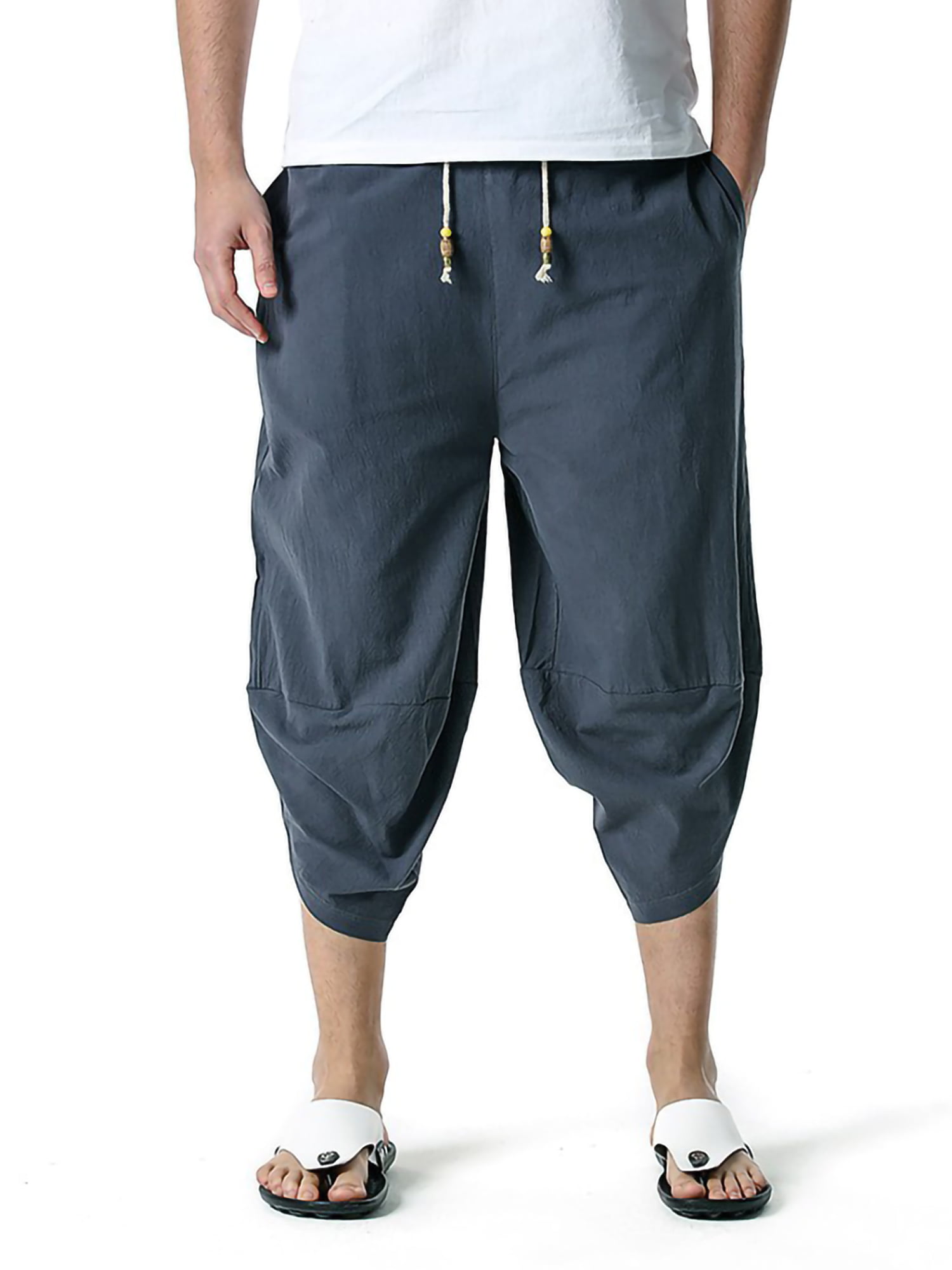 Mens Casual Shorts Linen Yoga 3/4 Capri Pants Elastic Waist Gym Sports Hiking Baggy Shorts Pants with Pockets 